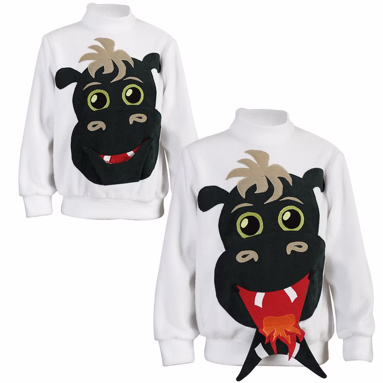 Feuerdrache Pullover Drachen Kostüm mit Bauchtasche für Kinder Gr. 104-128 Drachenkostüm Ritterkostüm Kostüm-Zubehör Fasching Karneval Mottoparty Rollenspiel Zwei Pullover mit Drachenmotiv, einer mit geschlossenem, einer mit geöffnetem Maul.