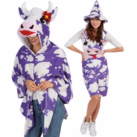 Kuh Kostüm Kuh Cape Muh mit Kapuze Weiß Lila für Damen Onesize Fasching Karneval JGA Mottoparty Paar- und Gruppenkostüme Zwei Frauen tragen passende lila-weiße Kuhkostüme, eine mit Cape, eine mit Kleid und Hut.