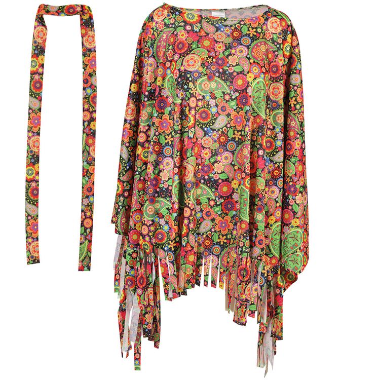 Hippie Kostüm Joan Bunter Poncho mit Stirnband Boho-Stil für Damen Frau im bunten Hippie-Poncho mit Stirnband; Blick über die Schulter, Fransen, Jeans und Sandalen.