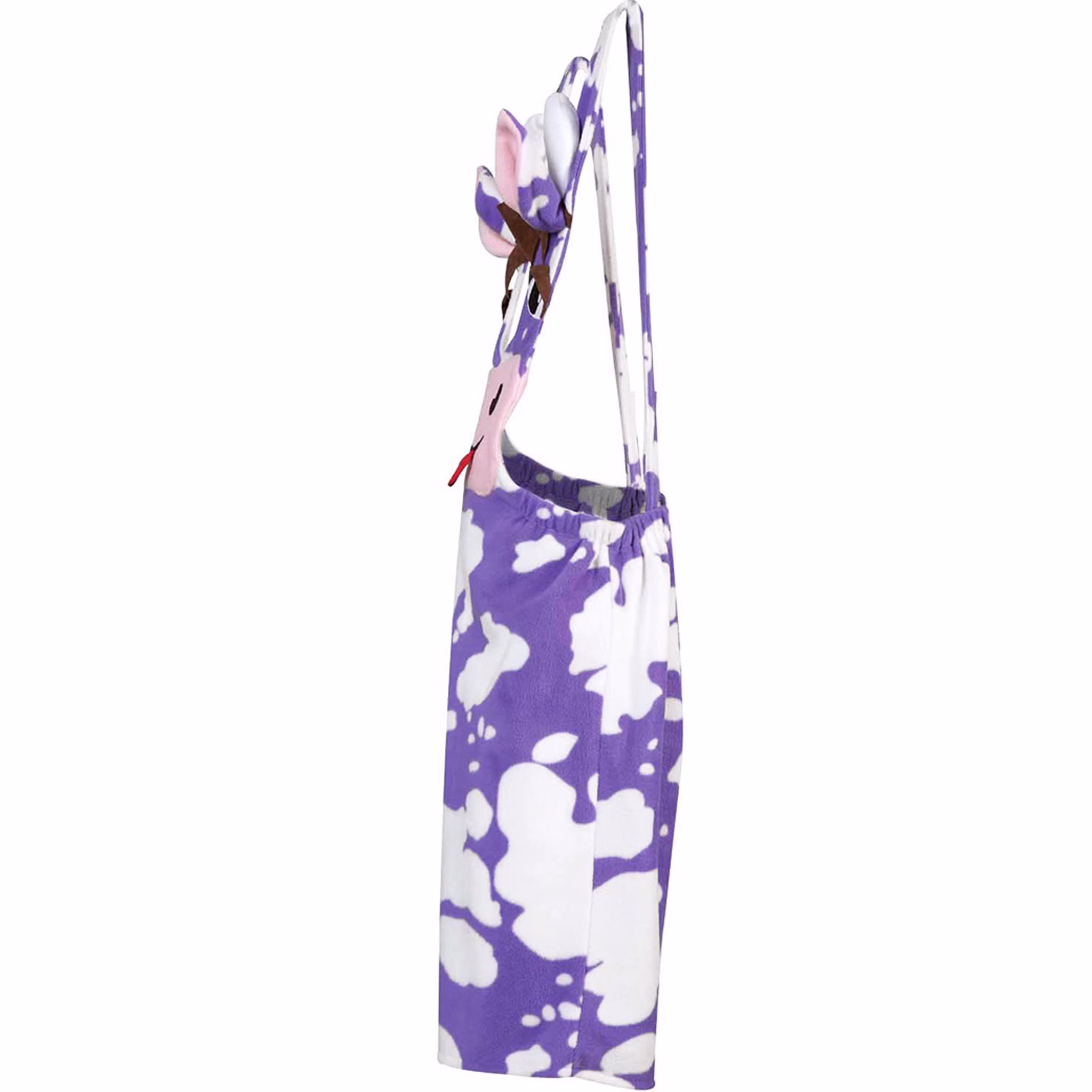 Kuh Kostüm Milky Latzhose Weiß Lila für Damen Gr. M-XXL Fasching Karneval Mottoparty Paar- und Gruppenkostüme Seitenansicht der Kuh-Latzhose mit Trägern und Kuhdesign auf der Vorderseite.