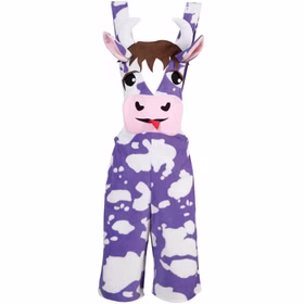 Kuh Kostüm Milky Latzhose Weiß Lila für Damen Gr. M-XXL Fasching Karneval Mottoparty Paar- und Gruppenkostüme orderansicht der lilafarbenen Kuh-Latzhose mit auffälligem Kuhgesicht und Hörnern.