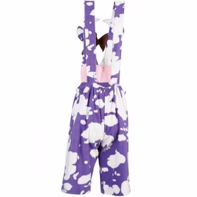 Kuh Kostüm Milky Latzhose Weiß Lila für Damen Gr. M-XXL Fasching Karneval Mottoparty Paar- und Gruppenkostüme Rückansicht der lilafarbenen Kuh-Latzhose mit Trägern und Gummizug.