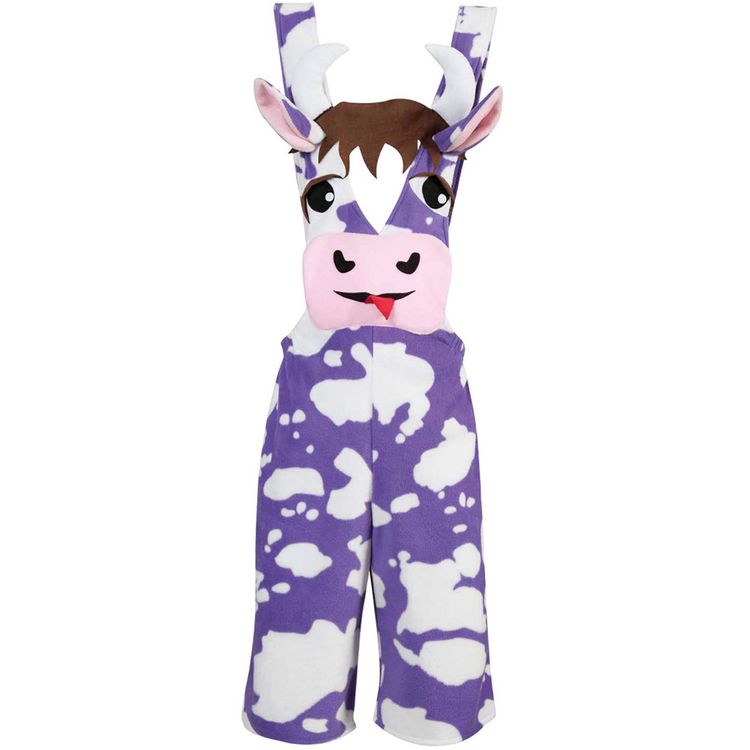 Kuh Kostüm Milky Latzhose Weiß Lila für Damen Dame in lilafarbener Kuh-Latzhose mit witzigem Kuhgesicht und Hut posiert fröhlich.