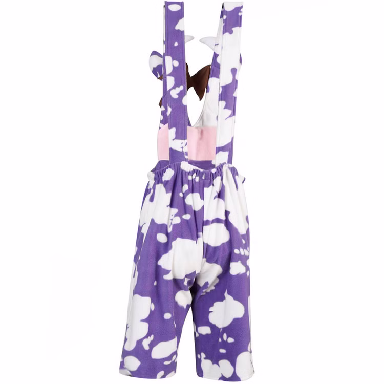 Kuh Kostüm Milky Latzhose Weiß Lila für Damen Gr. M-XXL Fasching Karneval Mottoparty Paar- und Gruppenkostüme Rückansicht der lilafarbenen Kuh-Latzhose mit Trägern und Gummizug.