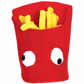 Rote Pommes-Mütze mit gelben Stoffpommes und aufgenähten Kulleraugen als lustige Kopfbedeckung.