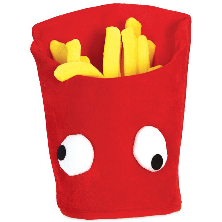 Rote Pommes-Mütze mit gelben Stoffpommes und aufgenähten Kulleraugen als lustige Kopfbedeckung.