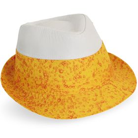 Hut Detailaufnahme – Gelb-weißer Trilby Hut mit Schaumkronen-Optik und sprudelndem Bierdesign