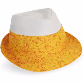 Bier Hut Trilby Hut Pils Kühles Blondes KW 59 cm für Herren Kostüm-Zubehör Fedora Fasching Karneval JGA Männertag Herrentag Mottoparty Party-Outfit Hut Detailaufnahme – Gelb-weißer Trilby Hut mit Schaumkronen-Optik und sprudelndem Bierdesign
