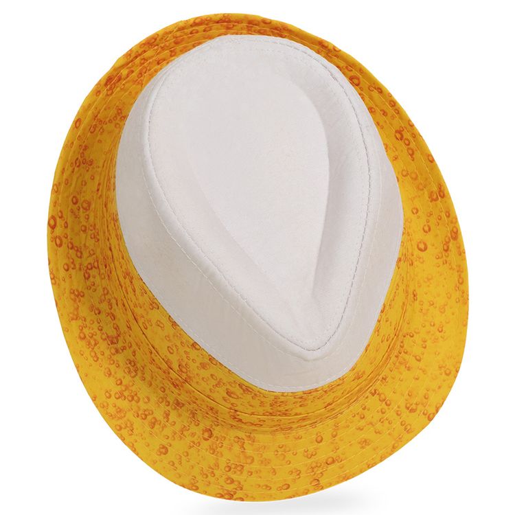 Bier Hut Trilby Hut Pils Kühles Blondes KW 59 cm für Herren Hut Detailaufnahme – Gelb-weißer Trilby Hut mit Schaumkronen-Optik und sprudelndem Bierdesign