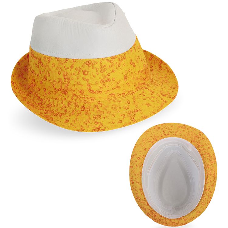 Bier Hut Trilby Hut Pils Kühles Blondes KW 59 cm für Herren Hut Detailaufnahme – Gelb-weißer Trilby Hut mit Schaumkronen-Optik und sprudelndem Bierdesign