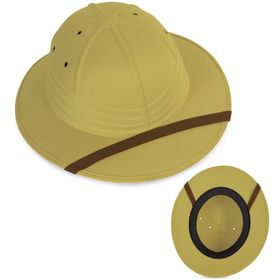 Beigefarbener Tropenhelm mit braunem Band, Draufsicht leicht schräg, klassische Safari-Optik.