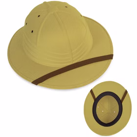 Tropenhelm in beige mit braunem Band, Gesamtansicht von oben und unten nebeneinander.