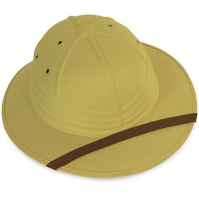Beigefarbener Tropenhelm mit braunem Band, Draufsicht leicht schräg, klassische Safari-Optik.