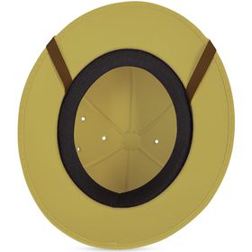 Beigefarbener Tropenhelm mit braunem Band, Draufsicht leicht schräg, klassische Safari-Optik.