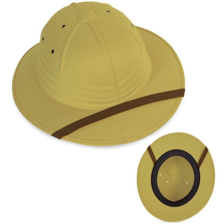 Tropenhelm Dschungel Hut Safari Forscher KW 58 cm Beige für Erwachsene Beigefarbener Tropenhelm mit braunem Band, Draufsicht leicht schräg, klassische Safari-Optik.