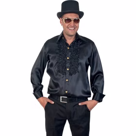 Rüschenhemd Schwarz Venezia Musketier für Herren Gr. M-XL Kostüm-Zubehör Pirat Mottoparty Fasching Karneval Mann im schwarzen Rüschenhemd mit schwarzer Stoffhose, schwarzem Zylinder und Sonnenbrille von Vorne