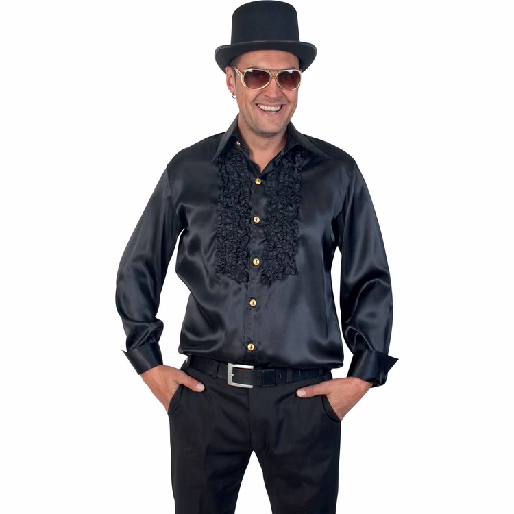 Rüschenhemd Schwarz Venezia Musketier für Herren Gr. M-XL Kostüm-Zubehör Pirat Mottoparty Fasching Karneval Mann im schwarzen Rüschenhemd mit schwarzer Stoffhose, schwarzem Zylinder und Sonnenbrille von Vorne