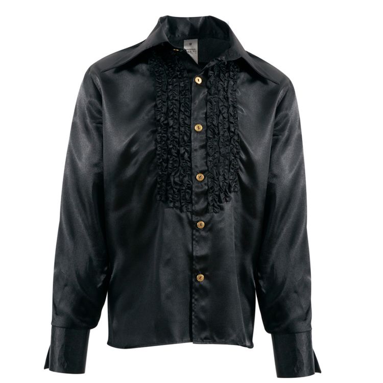 Rüschenhemd Schwarz Venezia Musketier für Herren Mann im schwarzen Rüschenhemd mit schwarzer Stoffhose, schwarzem Zylinder und Sonnenbrille von Vorne