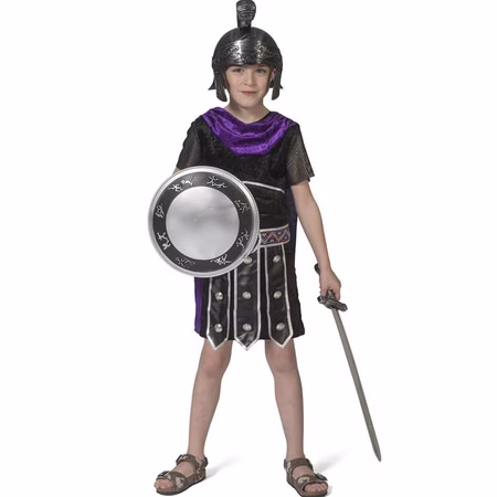Gladiator Kostüm Römischer Krieger Lucius für Kinder Gr. 116-164 Antikes Kostüm Römer Fasching Karneval Mottoparty Kind im Gladiator-Kostüm mit schwarzer Tunika, lila Umhang, Helm, Schild und Schwert von Vorne.