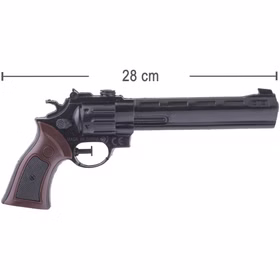 Wasserpistole im Revolver-Stil mit braunem Griff, Länge 28 cm, Maßangabe eingeblendet von der Seite.