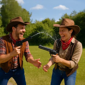 Zwei Erwachsene im Cowboy-Look lachen und spritzen sich mit Wasserpistolen nass.