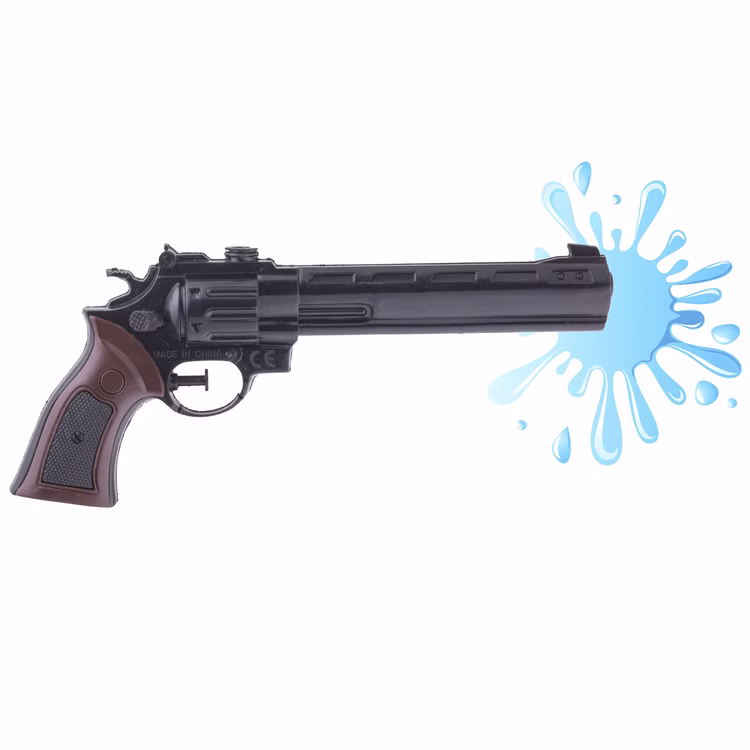 Wasserspritzpistole Revolver Wild West 28 cm Wasserpistole Spielzeug Wasserspritzpistole Spielzeug-Pistole im Western-Look Kostüm-Zubehör Fasching Karneval Mottoparty Schwarze Wasserpistole im Revolver-Look mit braunem Griff und blauer Wasserspritz-Grafik von der Seite