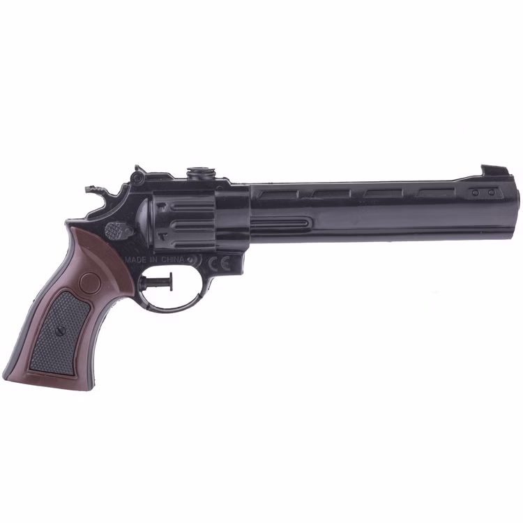 Wasserspritzpistole Revolver Wild West 28 cm Wasserpistole Spielzeug Wasserspritzpistole Spielzeug-Pistole im Western-Look Kostüm-Zubehör Fasching Karneval Mottoparty Schwarze Wasserpistole mit braunem Griff, seitlich fotografiert auf weißem Hintergrund.
