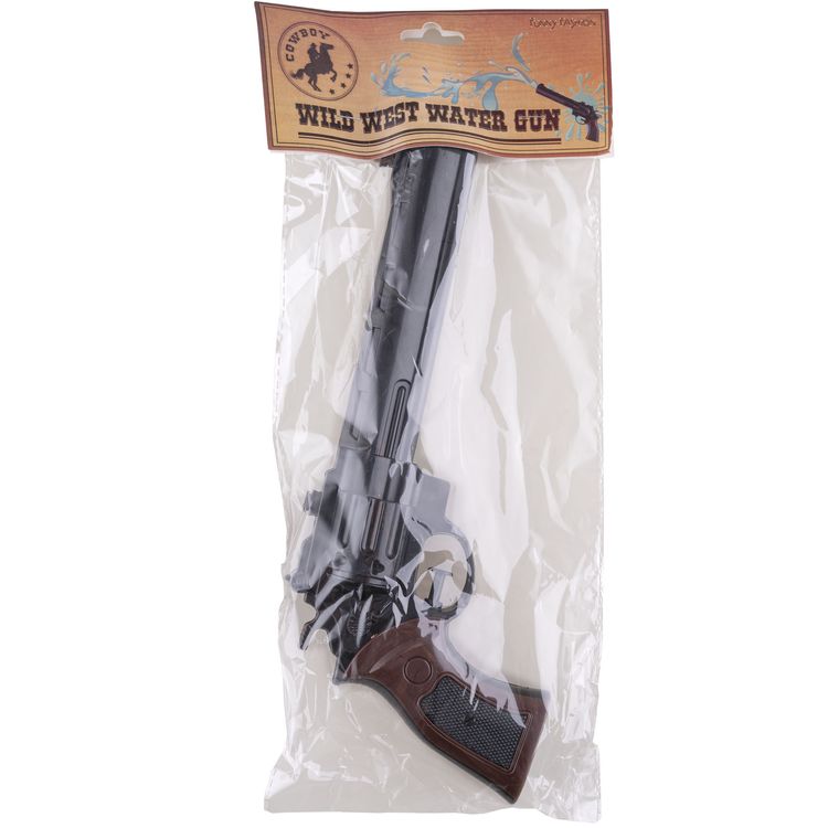 Schwarze Wasserpistole im Revolver-Look mit braunem Griff und blauer Wasserspritz-Grafik von der Seite