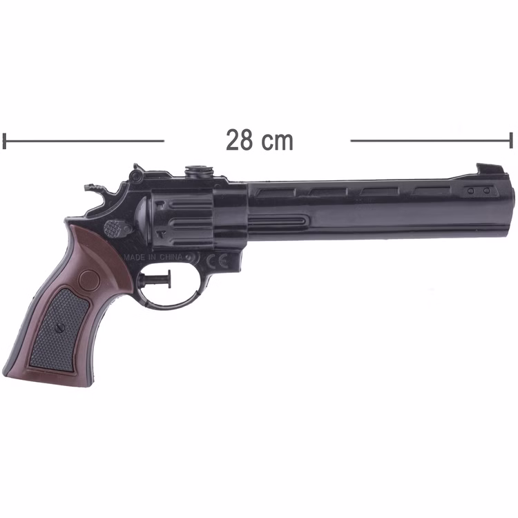 Wasserspritzpistole Revolver Wild West 28 cm Wasserpistole Spielzeug Wasserspritzpistole Spielzeug-Pistole im Western-Look Kostüm-Zubehör Fasching Karneval Mottoparty Wasserpistole im Revolver-Stil mit braunem Griff, Länge 28 cm, Maßangabe eingeblendet von der Seite.