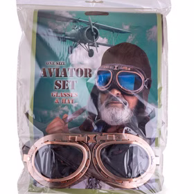 Aviator Set Retro Vintage Pilotenmütze mit Fliegerbrille für Erwachsene Kostüm-Zubehör Fasching Karneval Mottoparty Verpackung des Aviator Sets mit brauner Fliegerhaube und Brille, Abbildung eines Doppeldecker-Flugzeugs.