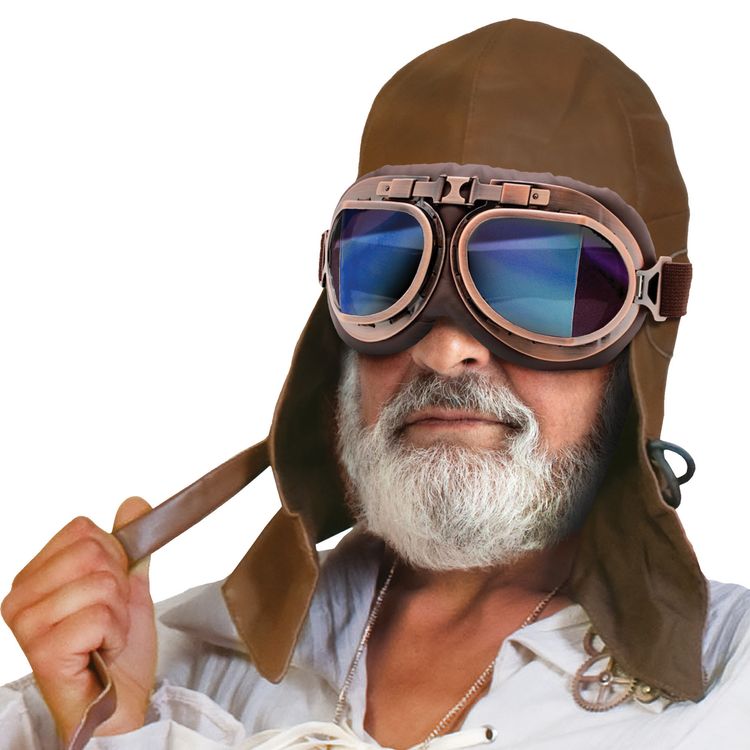Mann mit weißem Bart trägt braune Fliegerhaube und große Fliegerbrille mit blauen Gläsern.