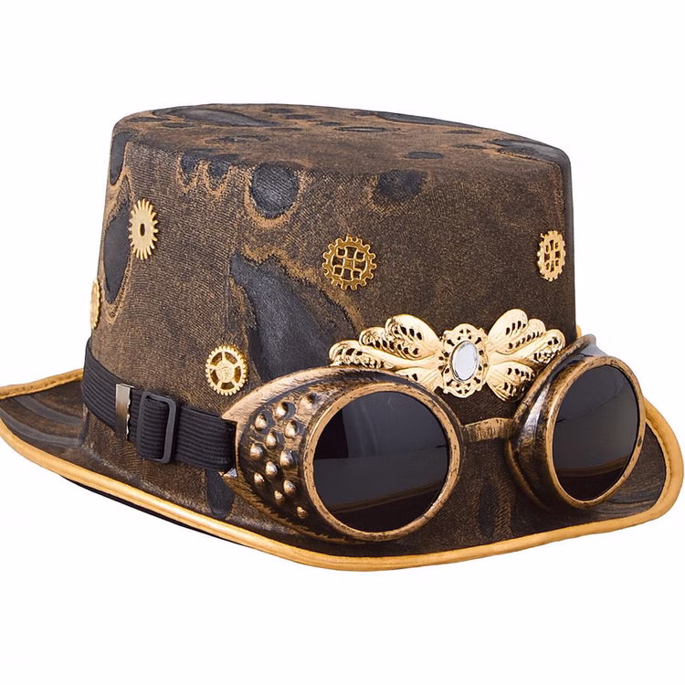 Steampunk Zylinder Braun mit Brille Kopfweite 60 cm Hut für Erwachsene Kostüm-Zubehör Schweißerbrille Gothic Fasching Karneval Mottoparty Steampunk Zylinder Braun mit Brille seitlich von Vorne