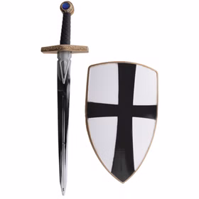 Ritter-Set für Kinder bestehend aus einem Spielzeugschwert aus Kunststoff mit goldener Verzierung am Griff und einem weißen Ritterschild mit schwarzem Kreuz. Kostüm-Zubehör für Mittelalter- und Ritterspiele.
