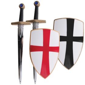 Ritter-Set für Kinder bestehend aus einem Spielzeugschwert aus Kunststoff mit goldener Verzierung am Griff und einem weißen Ritterschild mit schwarzem Kreuz. Kostüm-Zubehör für Mittelalter- und Ritterspiele.