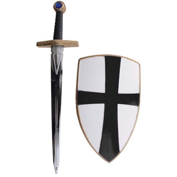 Ritter-Set für Kinder bestehend aus einem Spielzeugschwert aus Kunststoff mit goldener Verzierung am Griff und einem weißen Ritterschild mit schwarzem Kreuz. Kostüm-Zubehör für Mittelalter- und Ritterspiele.