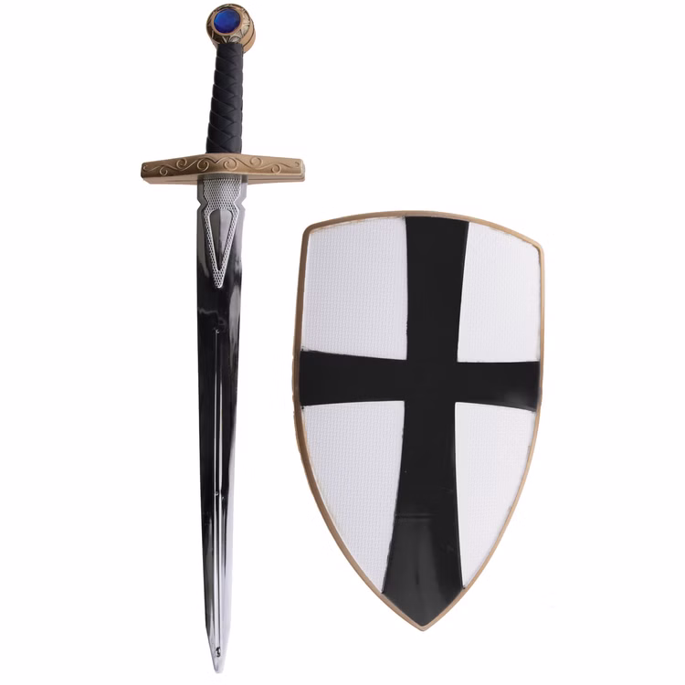 Ritter Set Schwarz Schwert & Schild Kreuz Mittelalter Kostüm Kinder Spielzeug Ritterturnier Mittelalterfest Fasching Karneval Mottoparty Ritterspiel Rollenspiel Ritter-Set für Kinder bestehend aus einem Spielzeugschwert aus Kunststoff mit goldener Verzierung am Griff und einem weißen Ritterschild mit schwarzem Kreuz. Kostüm-Zubehör für Mittelalter- und Ritterspiele.