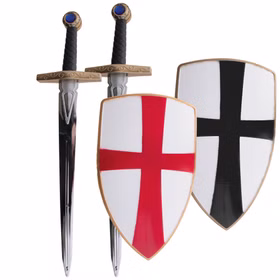Ritter Set Rot Schwert & Schild Kreuz Mittelalter Kostüm Kinder Spielzeug Ritterturnier Mittelalterfest Fasching Karneval Mottoparty Ritterspiel Rollenspiel Ritter-Set mit zwei Schwertern aus Kunststoff mit goldener Verzierung am Griff und einem weißen Ritterschild mit rotem Kreuz und weißem Ritterschild mit schwarzem Kreuz nebeneinander. Kostüm-Zubehör für Mittelalter- und Ritterspiele.