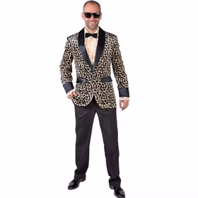 Pimp Kostüm Sakko Leo-Look Tierprint Sheeba für Herren Gr. M-XL Tier Tierkostüm Leopard Braun Fasching Karneval Mottoparty Mann im Jackett mit Leoparden-Muster, schwarzer Fliege, cremefarbenen Rüschenhemd und schwarzer Hose von Vorne