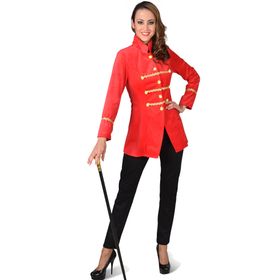 Damenkostüm Zirkusjacke in Rot mit goldenen Knöpfen und Verzierungen, kombiniert mit schwarzer Hose, High Heels und Zylinderhut – elegantes Zirkus- oder Garde-Outfit.