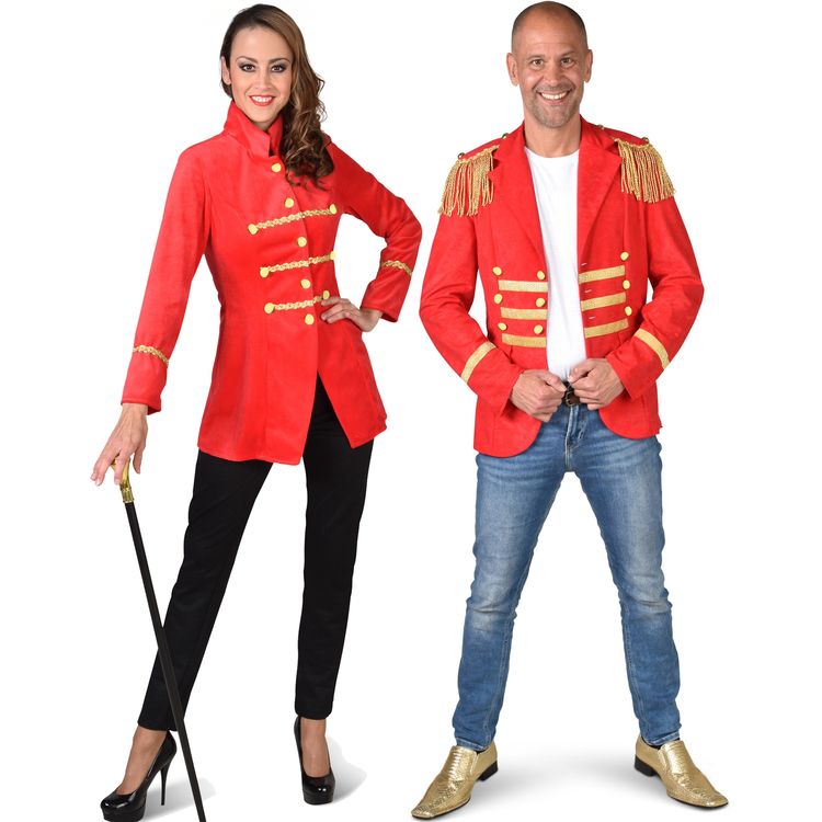 Damenkostüm Zirkusjacke in Rot mit goldenen Knöpfen und Verzierungen, kombiniert mit schwarzer Hose, High Heels und Zylinderhut – elegantes Zirkus- oder Garde-Outfit.