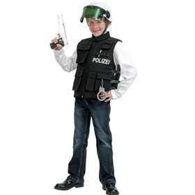 Polizei Kostüm Polizeiweste und Helm mit Stop-Kelle in der rechten Hand von Vorne