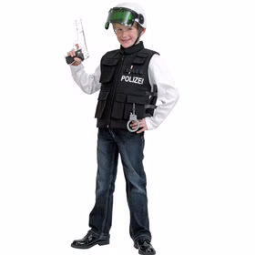 Polizei Kostüm Polizist Matteo Weste mit Polizeihelm für Kinder Gr. 128-140 Polizeiweste Berufe Rollenspiel Fasching Karneval Mottoparty Polizei Kostüm Polizeiweste und Helm mit Spielzeug-Pistole in der rechten Hand von Vorne