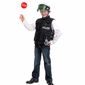 Polizei Kostüm Polizist Matteo Weste mit Polizeihelm für Kinder Gr. 128-140 Polizeiweste Berufe Rollenspiel Fasching Karneval Mottoparty Polizei Kostüm Polizeiweste und Helm mit Stop-Kelle in der rechten Hand von Vorne