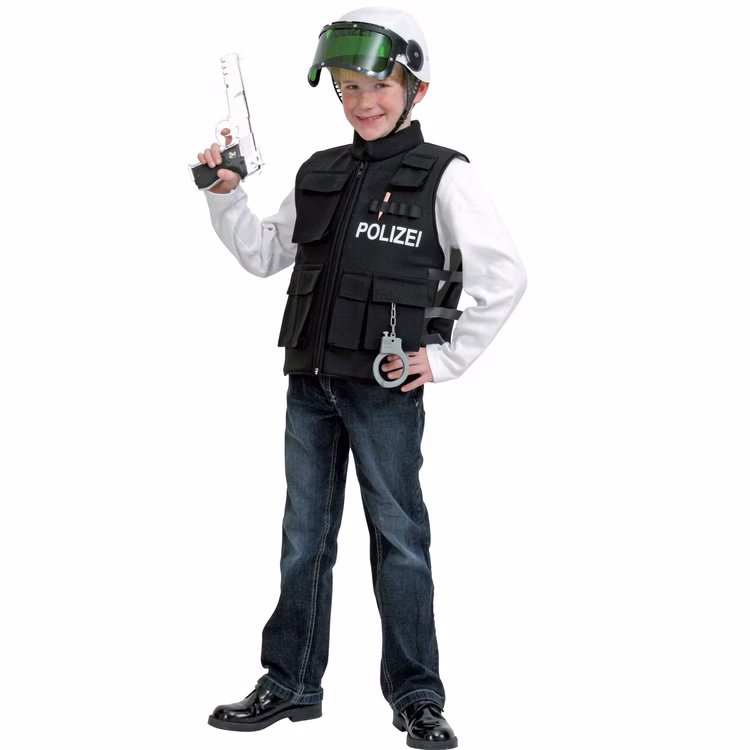 Polizei Kostüm Polizist Matteo Weste mit Polizeihelm für Kinder Gr. 128-140 Polizeiweste Berufe Rollenspiel Fasching Karneval Mottoparty Polizei Kostüm Polizeiweste und Helm mit Spielzeug-Pistole in der rechten Hand von Vorne