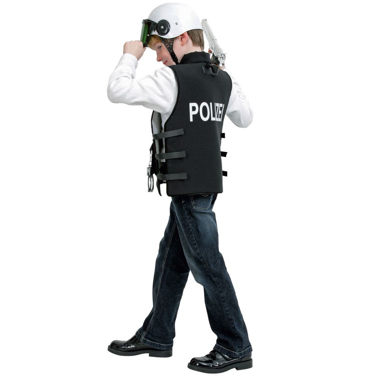 Polizei Kostüm Polizist Matteo Weste mit Polizeihelm für Kinder Polizei Kostüm Polizeiweste und Helm mit Stop-Kelle in der rechten Hand von Vorne