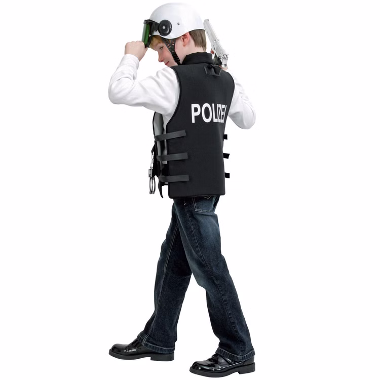 Polizei Kostüm Polizist Matteo Weste mit Polizeihelm für Kinder Gr. 128-140 Polizeiweste Berufe Rollenspiel Fasching Karneval Mottoparty Polizei Kostüm Polizeiweste und Helm seitlich von Hinten
