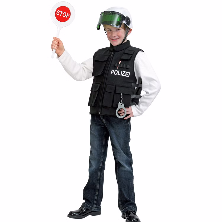 Polizei Kostüm Polizist Matteo Weste mit Polizeihelm für Kinder Gr. 128-140 Polizeiweste Berufe Rollenspiel Fasching Karneval Mottoparty Polizei Kostüm Polizeiweste und Helm mit Stop-Kelle in der rechten Hand von Vorne