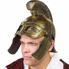 Sankt Martins Kostüm Deluxe teilbarer Umhang mit Helm & Schwert Fasching Karneval Mottoparty Laternenumzug Laternenfest Martinstag Sankt Martin Kostüm für Herren Deluxe Detailaufnahme bronzefarbener Römerhelm seitlich von Vorne mit nach oben geklappten Visier