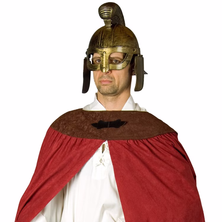 Sankt Martins Kostüm Deluxe teilbarer Umhang mit Helm & Schwert Fasching Karneval Mottoparty Laternenumzug Laternenfest Martinstag Sankt Martin Kostüm für Herren Deluxe Detailaufnahme bronzefarbener Römerhelm seitlich von Vorne mit Visier nach unten geklappt