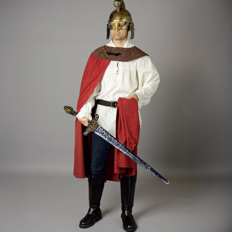 Sankt Martins Kostüm Deluxe teilbarer Umhang mit Helm & Schwert Fasching Karneval Mottoparty Laternenumzug Laternenfest Martinstag Sankt Martin Kostüm für Herren Deluxe mit teilbarem Umhang Helm und Schwert in der rechten Hand von Vorne
